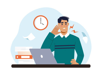 Office worker at desk with laptop, books, and clock. Cartoon style on light blue background. Concept of work stress and time pressure. Vector illustration