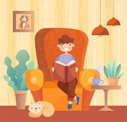 Boy reading book in cozy chair, cartoon style, on yellow patterned background. Concept of relaxation and reading. Vector illustration