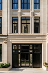 Fototapeta premium Elegant architectural design of a contemporary building facade with large windows and a well-proportioned entrance, located in an urban area under bright blue skies