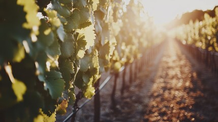 Rustic vineyard embraces regenerative agriculture, showcasing sustainable sips at sunset with rows of grapevines and natural soil enrichment