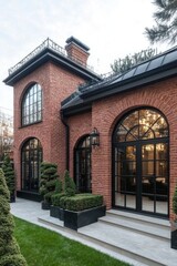 Obraz premium Elegant red brick house with large arched windows and manicured garden in a suburban setting, captured during golden hour highlighting its architectural beauty