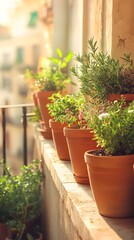 Fototapeta premium Balcony Garden: A row of terracotta pots overflowing with lush plants bask in the golden light of dawn on a sun-kissed balcony.