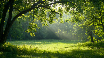 Obraz premium Sunlit Forest Meadow Landscape with Green Trees and Grass