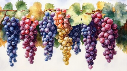Fototapeta premium Vibrant Watercolor Painting of Grape Clusters with Green Leaves