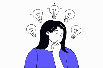 Minimalist illustration of a woman thinking with multiple light bulbs around her, symbolizing creativity, brainstorming, and new ideas.
