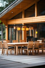 Fototapeta premium An exquisite outdoor dining space featuring stylish wooden furniture and inviting warm pendant lighting, all set against the backdrop of a modern cabin during a breathtaking sunset