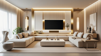 AI Generative. 3D Illustration of Luxury Modern Living Room with Aesthetic TV Backdrop and Light Ambiance. 5
