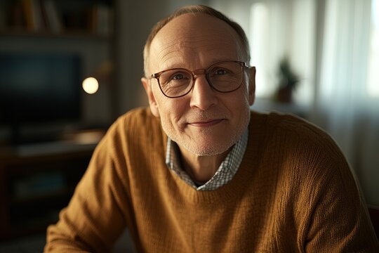 Senior man smiling warmly at home during morning light, showcasing a friendly and thoughtful expression