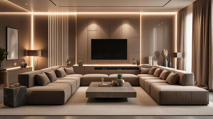 AI Generative. 3D Illustration of Luxury Modern Living Room with Aesthetic TV Backdrop and Light Ambiance. 1