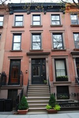 Obraz premium Charming brownstone building with elegant architecture located in a historic neighborhood showcasing classic urban living during a sunny day