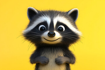Obraz premium A cute, cartoonish raccoon character with a cheerful expression against a bright yellow background.