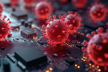 Conceptual visualization of a cyber virus. Red spherical virus particles resembling COVID-19 viruses are placed on the surface of a computer chip.  