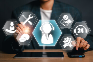 Digital illustration showcasing customer care with icons for support, communication, and service solutions, emphasizing modern business assistance.