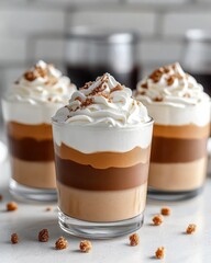 Iced Layered Caramel Lattes with Whipped Cream in Glasses