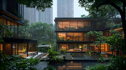 Fototapeta premium Modern Residential Architecture in City Setting at Night