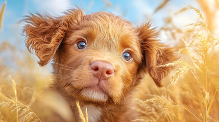 Fluffy puppy in golden field, sunny day. Perfect for pet adoption campaigns