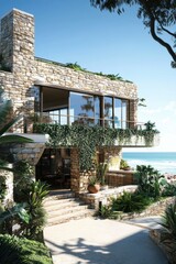 Fototapeta premium A charming coastal stone house nestled amidst vibrant greenery, boasting stunning views of the sparkling ocean on a beautiful sunny day