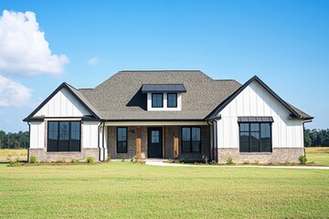 Obraz premium Beautiful modern farmhouse with a spacious yard located in a rural area, featuring a charming facade and large windows under a clear blue sky