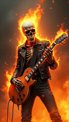 Skeleton playing electric guitar in front of vibrant flames, exuding energy and intensity. Bold black leather outfit against a fiery backdrop