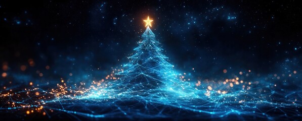 Glowing Blue Futuristic Christmas Tree in Cyberpunk Style Under Starry Sky