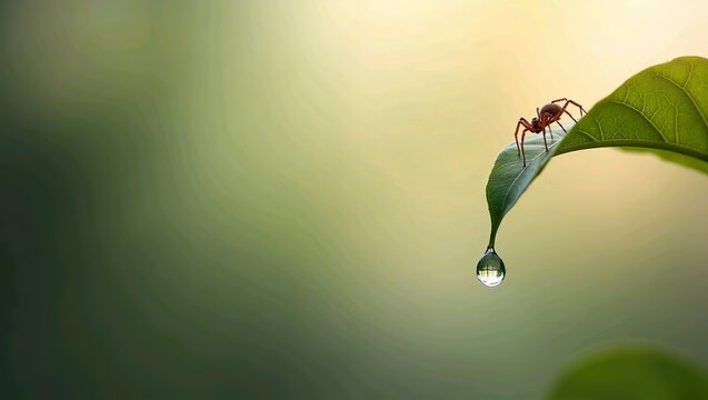 water drop and spider on green leaf