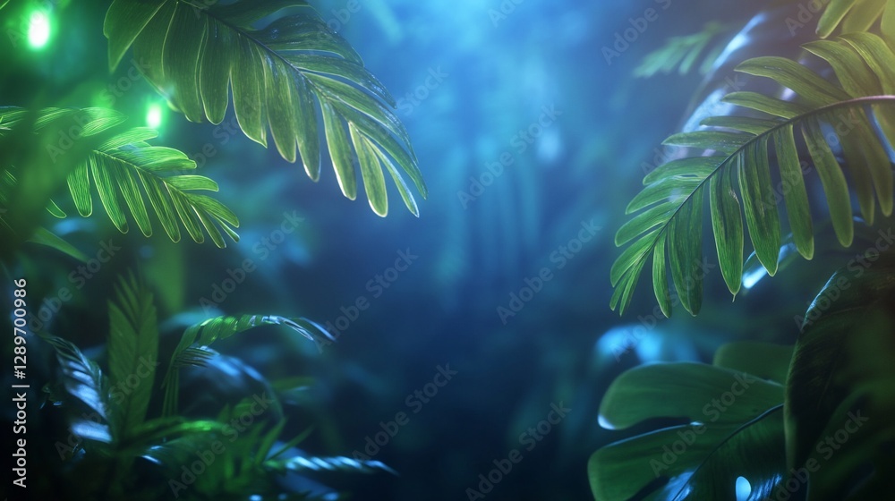 Poster Lush Tropical Rainforest Night, Plants, Deep Blue Light