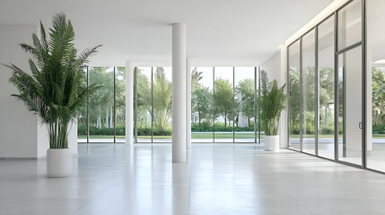 Obraz premium Modern Office Lobby Interior with Green Plants and Bright Sunlight