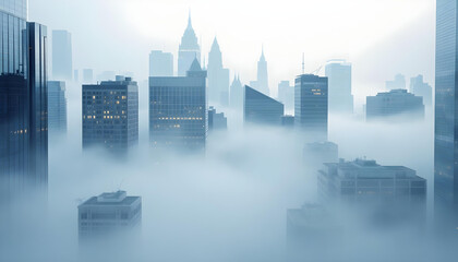 modern city skyline with fog