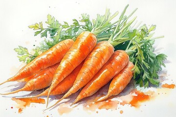 Fresh Carrots with Green Leaves Watercolor Painting