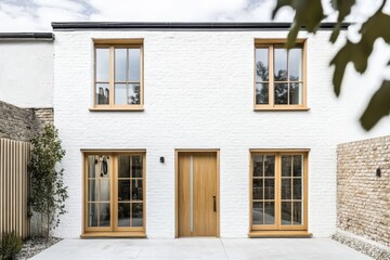Modern white house with wooden accents, featuring large windows, surrounded by a minimalistic garden in a calm suburban neighborhood