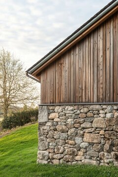 Wooden house corner with stone base set against a serene landscape, showcasing architectural details and the beauty of nature during early evening