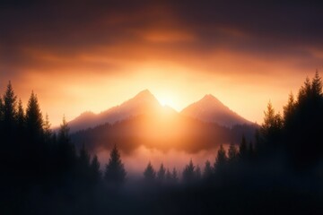 Sunrise over Mountain Peaks with Forest