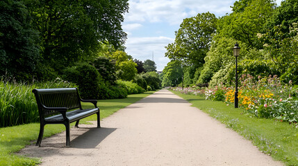 Fototapeta premium Serene Park Path with Bench and Lush Greenery