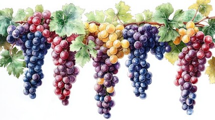 Fototapeta premium Realistic Watercolor Painting of Clusters of Grapes with Green Leaves