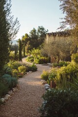 Obraz premium Winding gravel path through a lush garden in the early morning sunlight showcasing a serene landscape in a tranquil outdoor setting