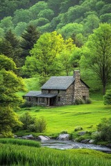 Fototapeta premium A picturesque stone cottage is serenely tucked away amid vibrant greenery, beside a tranquil stream in the countryside, basking in the warmth of a sunny day