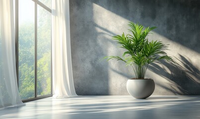 Minimalist Interior Scene with Textured Gray Wall and Potted Plant in Modern Scandinavian Design
