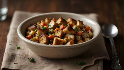 Fototapeta premium Golden-brown stuffing with crispy top and soft interior