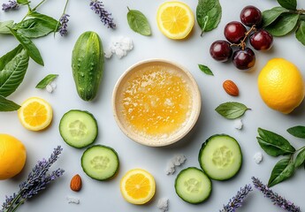 Fresh Organic Ingredients for Healthy Skin Care Featuring Citrus Fruits, Cucumber, Grapes, and Lavender with Natural Spa Elements