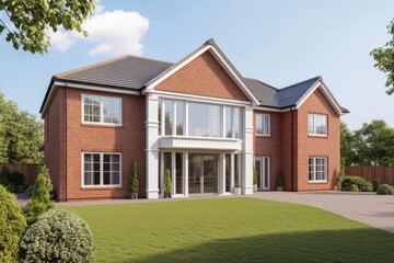 Fototapeta premium Modern two-story brick house with large windows and manicured lawn under a clear blue sky in a suburban neighborhood during daylight hours