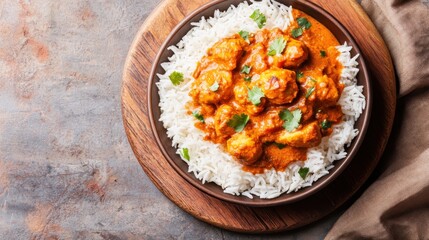 A comforting plate of creamy chicken korma served with basmati rice and naan on a rustic wooden plate, highlighting Indian cuisine flavors.