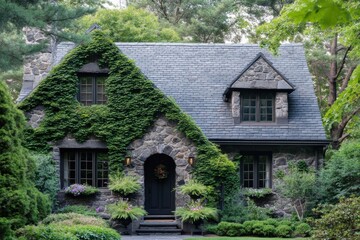 Fototapeta premium Charming stone cottage with lush greenery and blooming flowers surrounded by mature trees in a serene garden setting during daytime