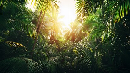 Lush Tropical Jungle with Bright Sunlight Filtering Through Palm Trees
