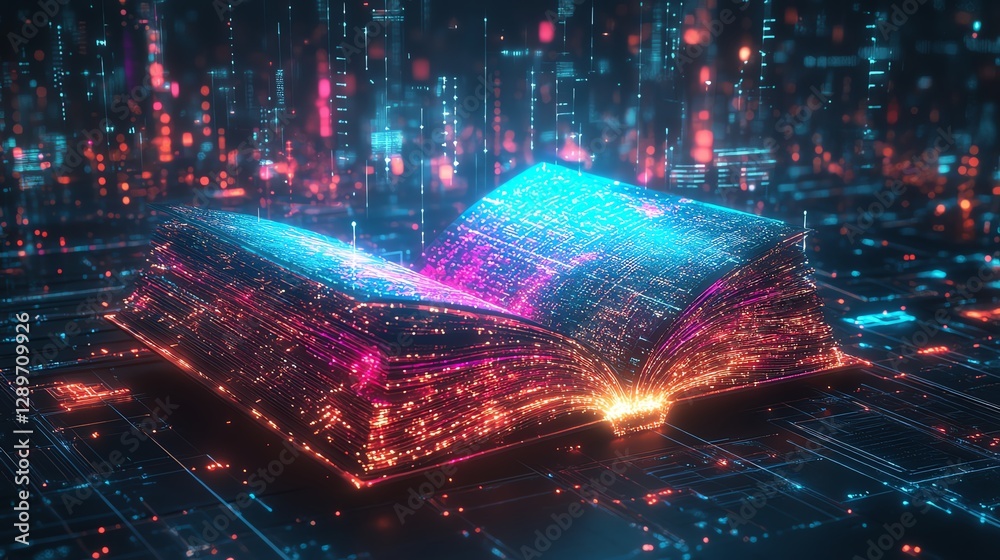 Aufkleber Vibrant digital book with neon light trails swirling out from its open pages, futuristic city skyline with digital grids and glowing neon accents in the background