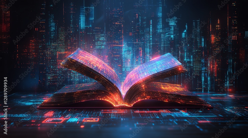 Poster vibrant digital book with neon light trails swirling out from its open pages, futuristic city skylin