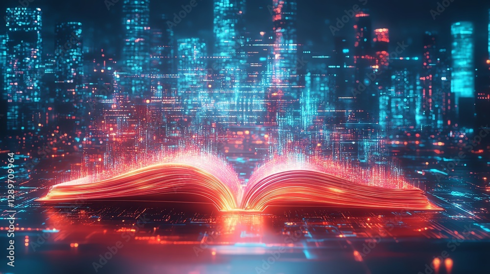 Poster vibrant digital book with neon light trails swirling out from its open pages, futuristic city skylin