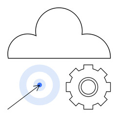 Cloud icon above a target symbol with an arrow and gear wheel. Ideal for cloud computing, automation, precision, innovation, strategy, IT systems, teamwork. Abstract line flat metaphor