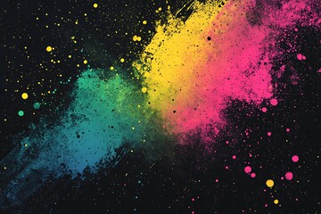 A glowing abstract gradient in yellow, green, pink, blue, and black, layered on a grainy black background for an intense banner design.