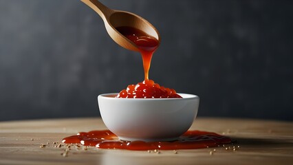 Sweet and sour sauce in a dish with sesame seeds and chili flakes