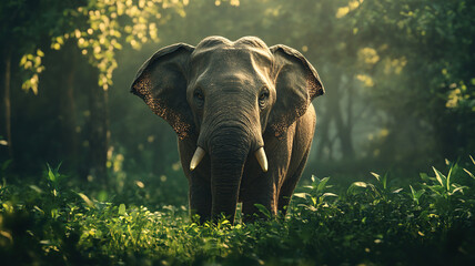 Fototapeta premium elephant in the forest with grass around it